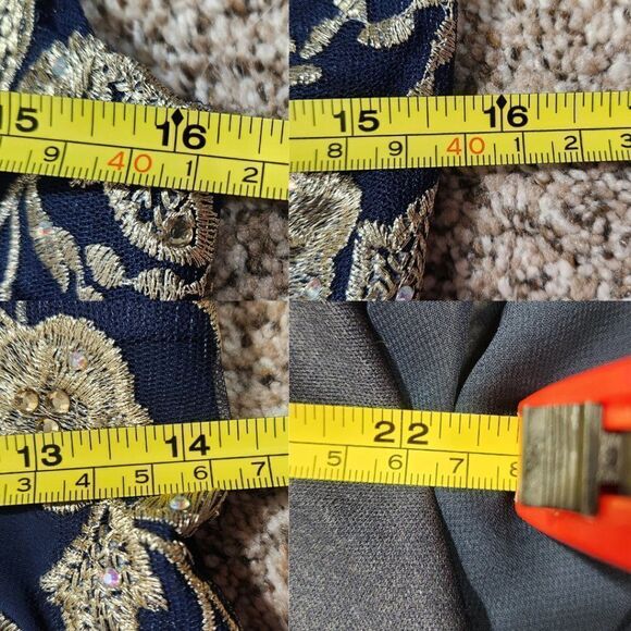 Betsy & Adam Embellished Chiffon Illusion Halter Gown Navy Gold Floral Size 8 - Picture 13 of 15